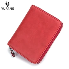 YUFANG tarjetero de cuero Vintage Color cremallera tarjetero mujer hombre tarjetero moda piel de vaca cartera para negocios de tarjetas de crédito