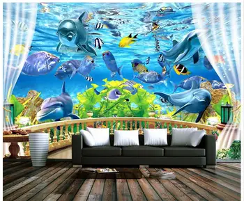 

3d photo wallpaper custom 3d wall murals wallpaper Balcony sea ocean dolphin coral wall painting in background 3d room wallpaper