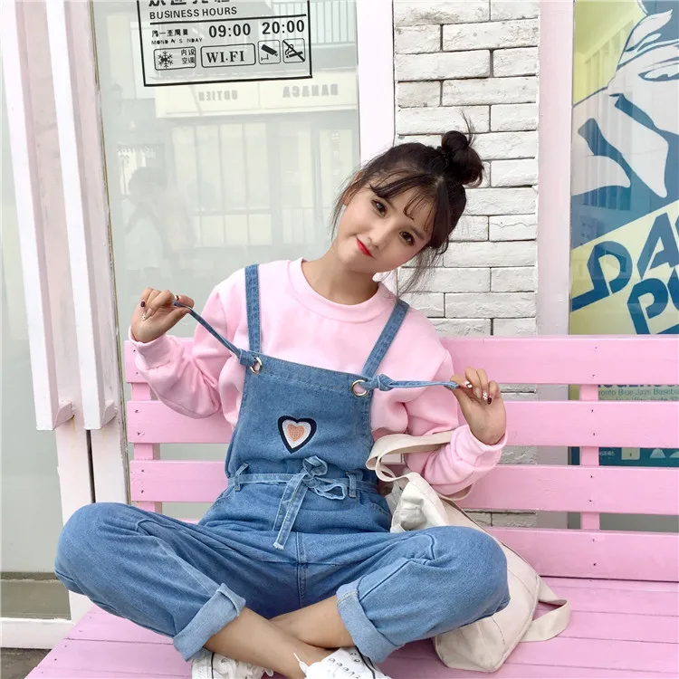

Waist Tie Belt Adjustable Spaghetti Strap Suspender Denim Ankle Pant Kawaii Jumpsuit Embroidery Love Jean Korean Overalls Romper