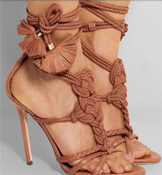 Charming Purple Rope Braid Knot Strappy Leaf Lace Up Sandals High Heels Cross Tied Gladiator Sandals Women Shoes Woman Sandalias (4)