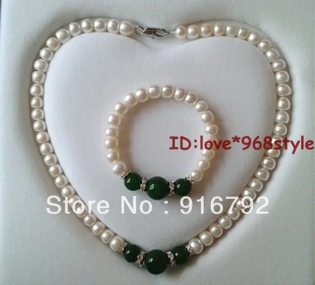 > 8-мм 9 мм натуральный отличный жемчуг зеленый камень ожерелье браслет Mashup Модный комплект