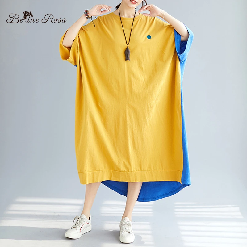 Платья-рубашки из хлопка BelineRosa, Платье-футболка большого размера в корейском стиле, летом,размер 48 50 52 54 56 58 60, XE000038