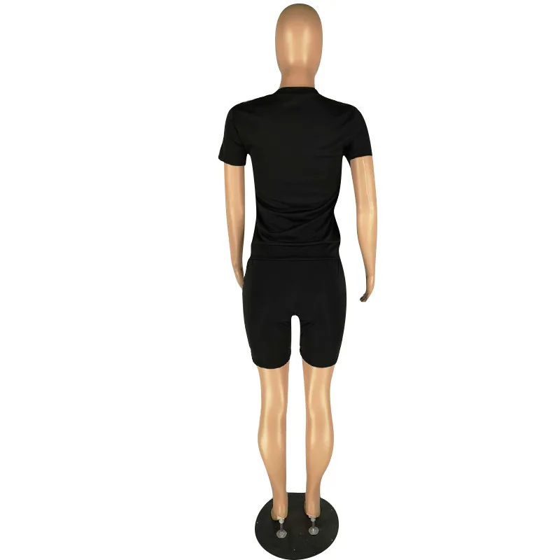 الدب الترتر مثير 2 قطعة مطابقة مجموعات ملابس حريمي س الرقبة قصيرة الأكمام و Bodycon السراويل الكرتون اثنين من قطعة وتتسابق الأسود