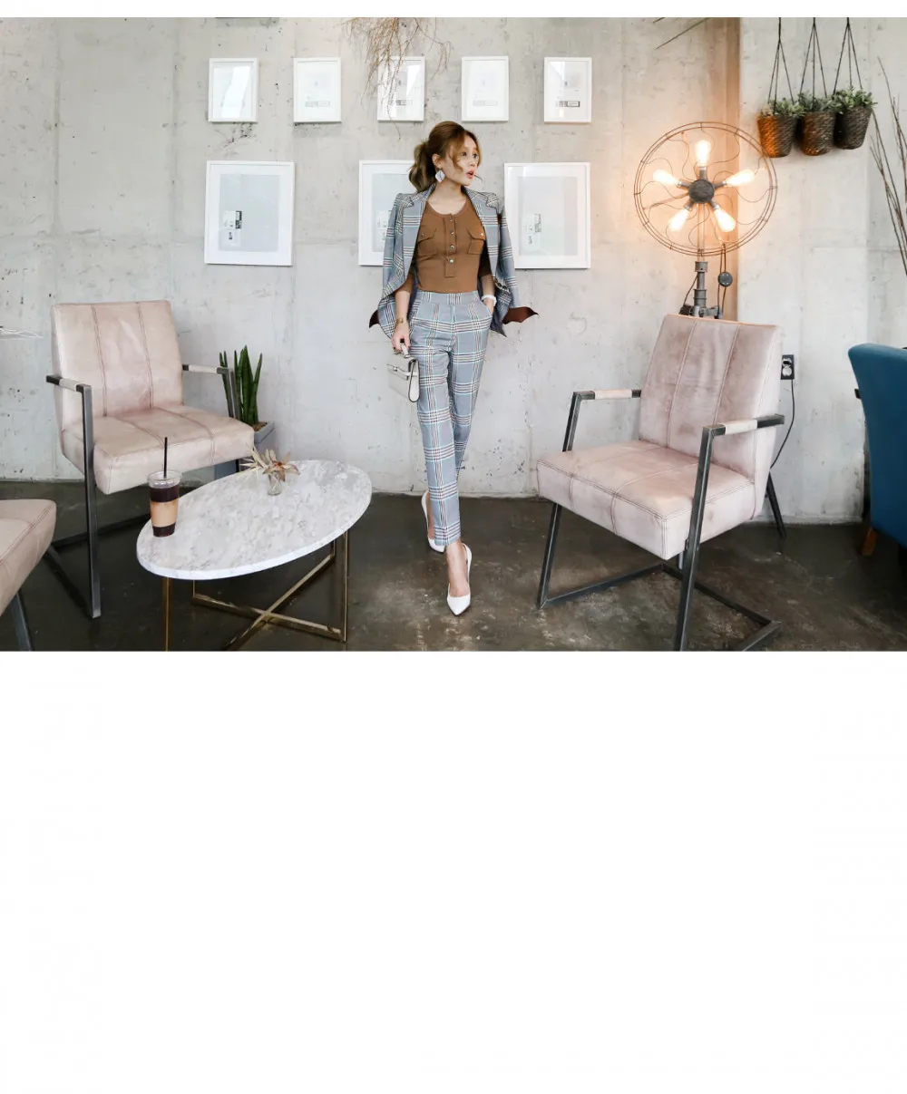 New Women's Pants Suit Korean Temperament Small Suit Fashion Single-row Buckle Plaid Striped Pants Suit Two-piece