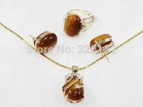 

Nobility Woman's Jewelry Inlay Tiger's Eye Necklace Earring Ring jewelry set Wholesale Plated gold Jewelry silver hook