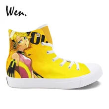 Вэнь высокие желтые парусиновые туфли аниме ручная роспись обувь дизайн Хацунэ Мику Вокалоид повседневные унисекс кроссовки девушка эспадрильи