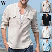 Womail рубашка Для мужчин лето Мешковатые штаны из хлопка и льна карман однотонная блузка с длинными рукавами в стиле ретро Рубашки, Топы, блузки подарок высокое качество Новинка A8