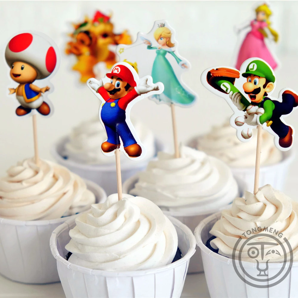 72pcs Anime Super Mario Run Luigi Peach Bowser Kinopio candy bar cupcake topper fruit picks baby shower kids birthday supplly | Дом и сад
