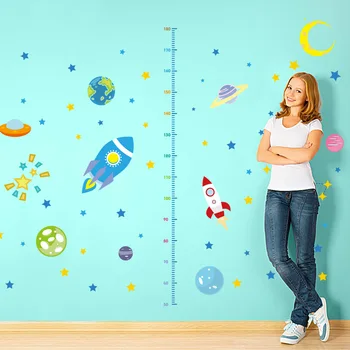 

90*60cm Big Cartoon Rocket Space Height Chart Stickers Baby Growth Stadiometers Decal Bedroom Wall Decor Mural Measure Ruler New