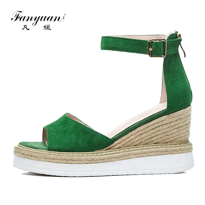 

Fanyuan Suede Leather Sandals Women Wedge Sandals Ankle Strap High-heeled Shoes Woman Straw Platform Sandals Summer Shoes Women