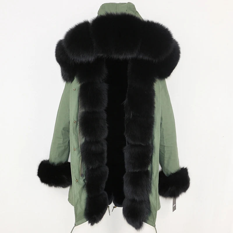green black Натуральный мех пальто бренд Длинные парки зимняя куртка для женщин натуральный мех бренд Fox Fur Trim капюшон черная верхняя одежда уличная толст - Цвет: green black