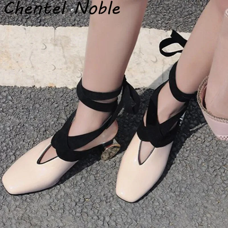 

Chentel Noble Rome Style Ankle Bandage Strap Women Pumps Close Toe Round Gold Strange Heel Retro Lady Dress Party Shoes Females