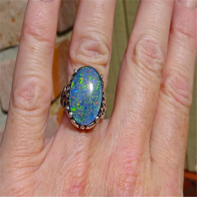 Large Blue Fire Opal Stone Rings for Women Engagement Rings Antique Silver Rings Luxury Jewelry Bague Femme Man Anillos O1/J387