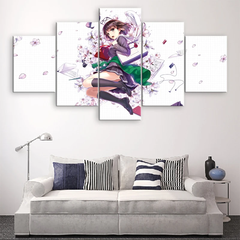 

5 Pieces Printed Painting Wall Art Canvas Pictures Katou Megumi Animation Poster Artwork Home Decor For Living Room Framework