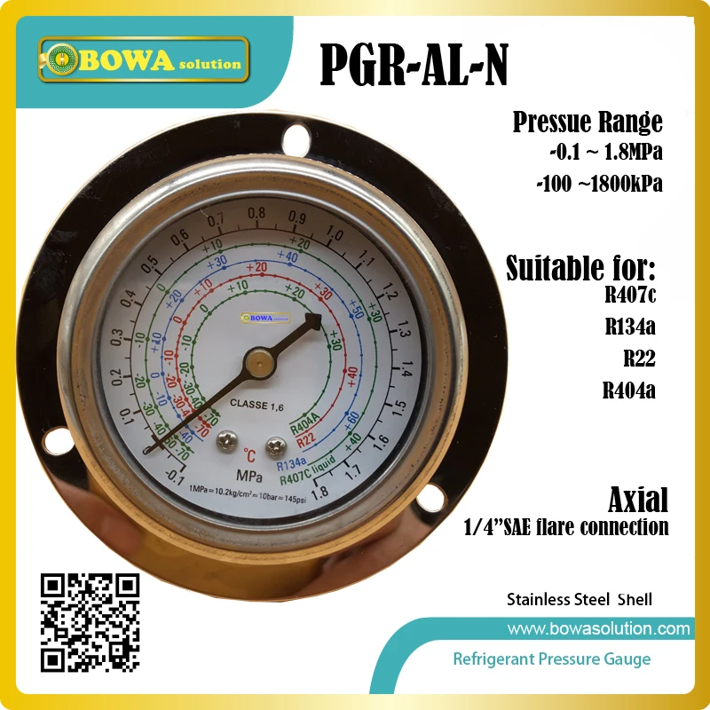 1.8MPa Low Pressure Gauge for R404a, R22, R407c and R134a indicates