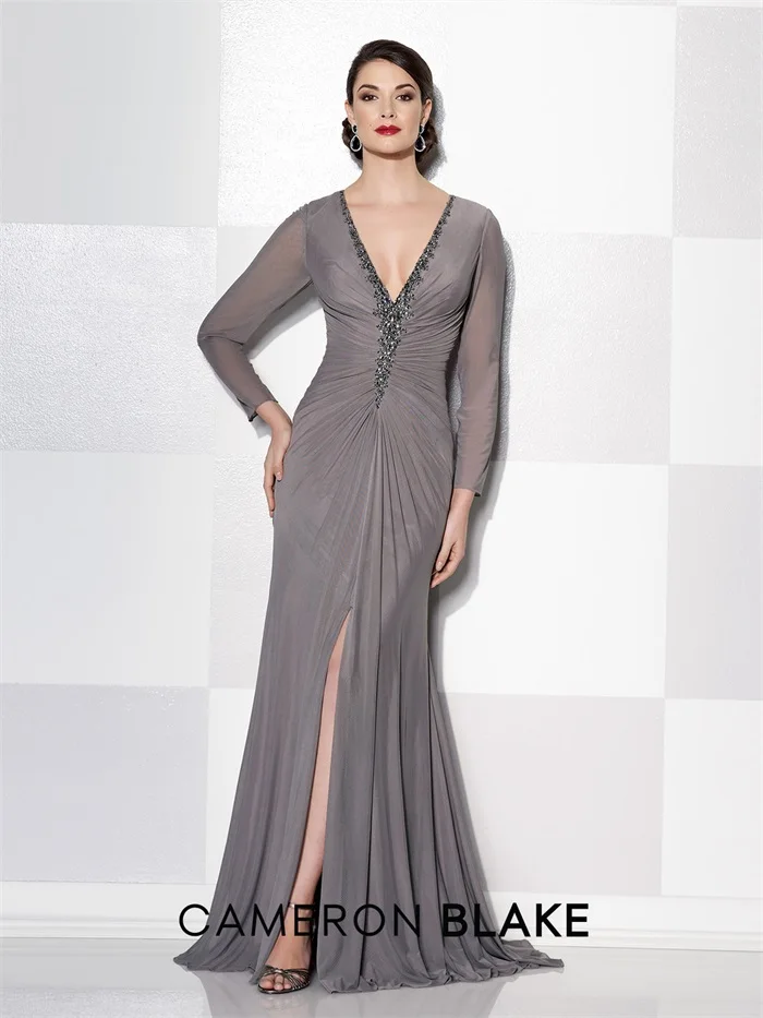 High Quality Long Sleeve Mother of the Bride Dress with High Slit 2015