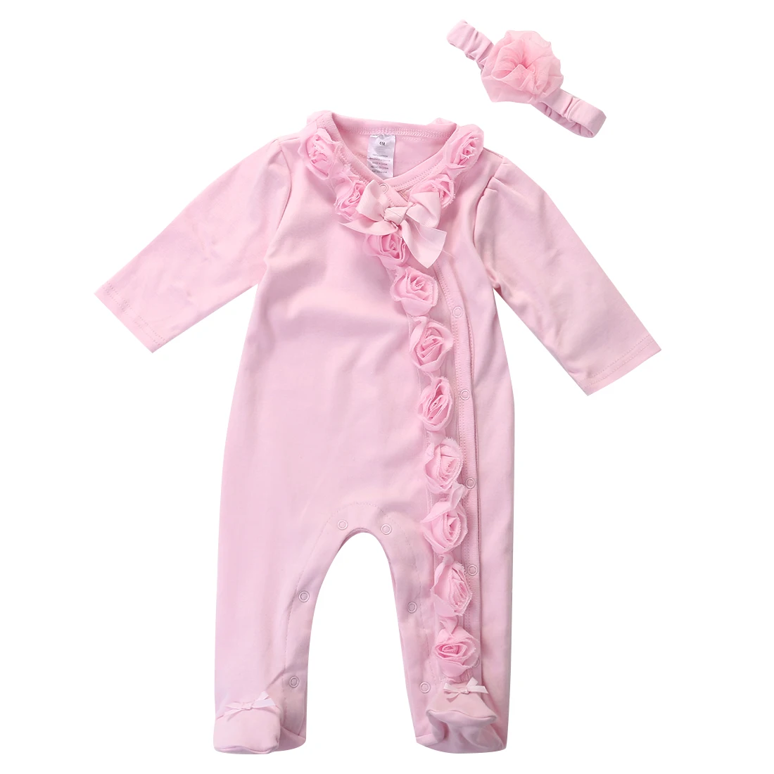 Комплект одежды с длинными рукавами для новорожденных девочек 0-7 месяцев; розовые Гольфы с цветочным принтом и бантом+ повязка на голову - Цвет: Розовый