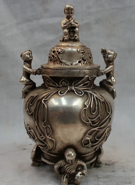 

JP S0524 Chinese Folk Fengshui Silver Fu Boy Kid Children Statue Incense Burner Censer