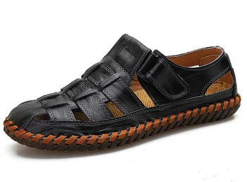 

Spring Summer Men Genuine Leather Rome Sandals Outdoor Beach Casual Slippers Streetwear Hook & Loop Walking Water Shoes D356