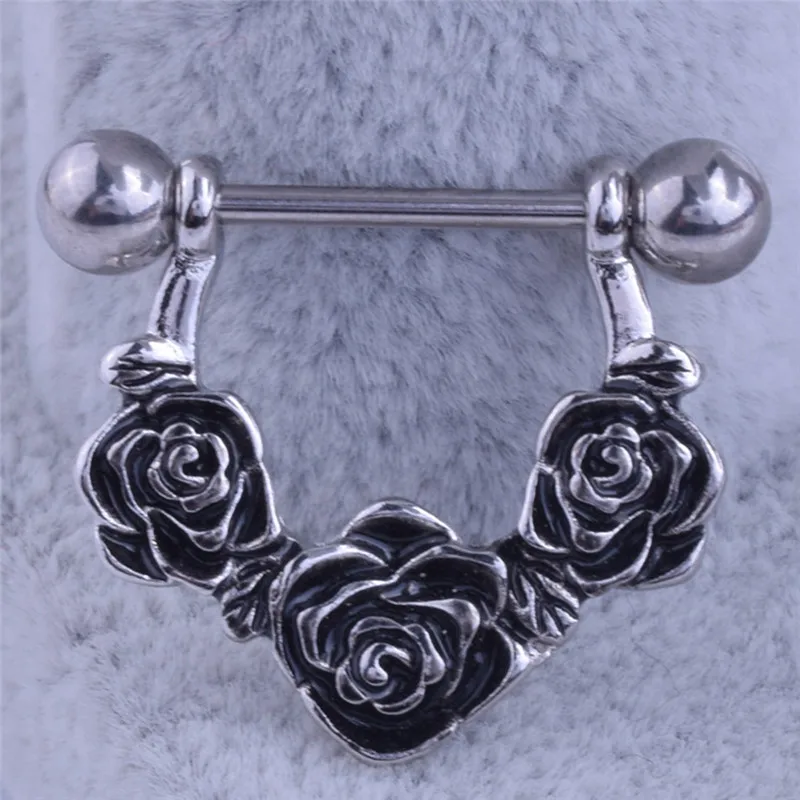 

1 Pcs Punk Stainless Steel Rose Flower String Dangle Barbell Shield Ring 14g Nipplering Body Jewerly Piercing
