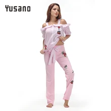 Yusano Pajamas Women Embroidery Camisole Short Sleeve Ruffle Sleepwear Girl Blue Pink Stripe Homewear Cotton Top+Long Pants