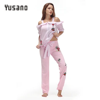

Yusano Pajamas Sets Women Cotton Embroidery Short Sleeve Ruffle Sleepwear Blue Pink Cold Shoulder Stripe Homewear Pyjama Licorne