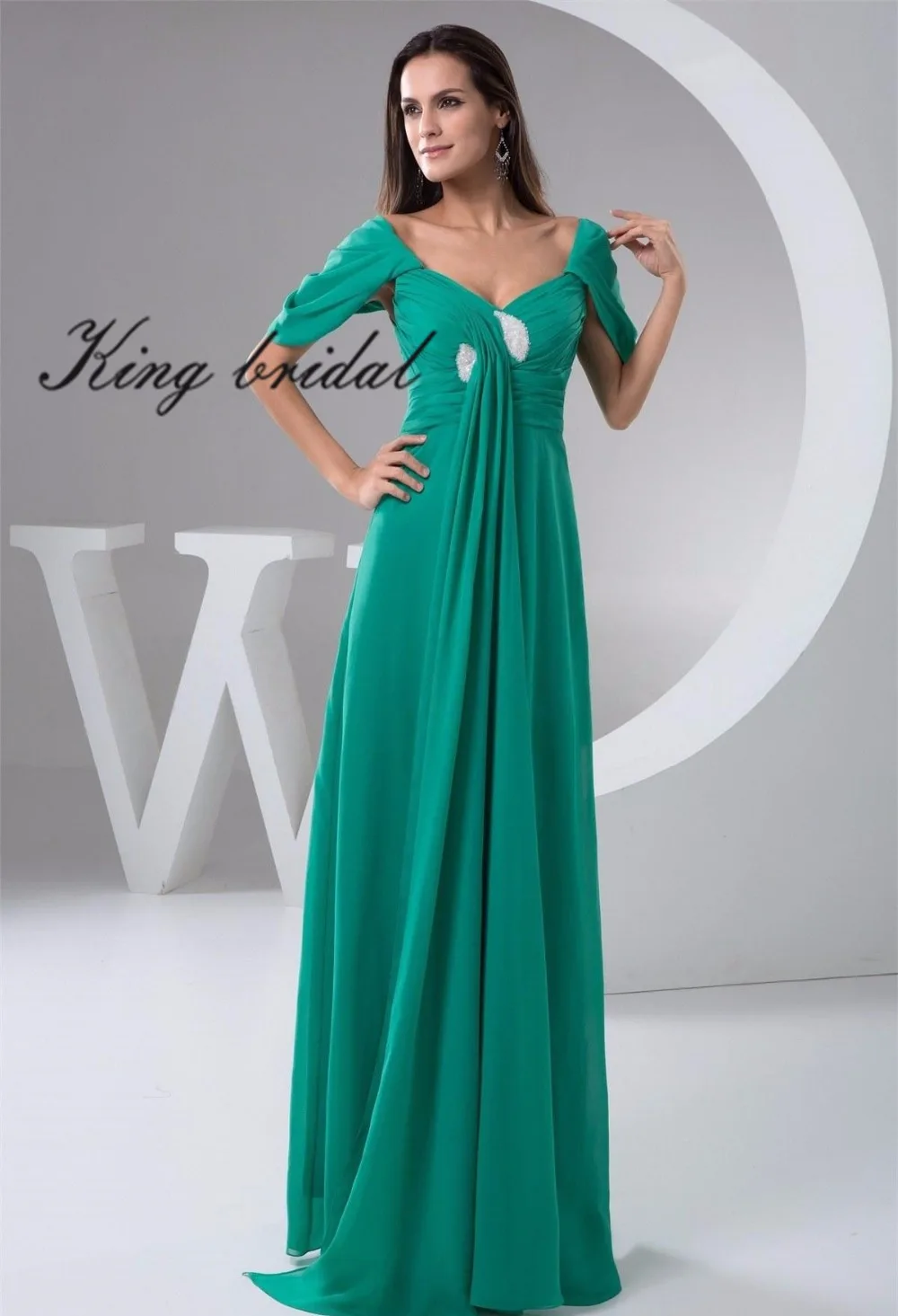 Green V Neck Elbow Caped Sleeves Chiffon Evening Dresses Long 2017 Ruffles Beading A Line Floor