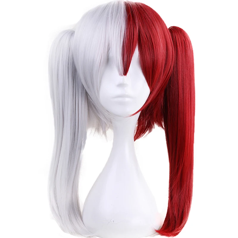 My Boku no Hero Academia Todoroki Shoto Long Natural Wave Double Ponytails Half White And Red Synthetic Cosplay Wig For Hallowee