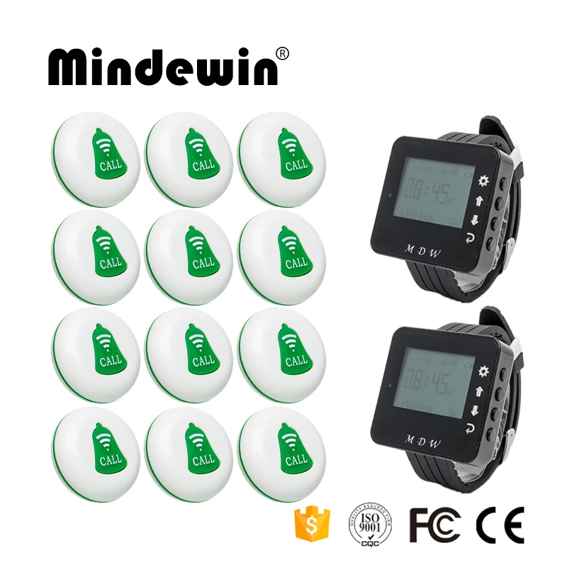 

Mindewin Pager Restaurant Wireless Waiter Call Server Paging System 12PCS Call Button M-K-1 + 2PCS Watch Pager M-W-1