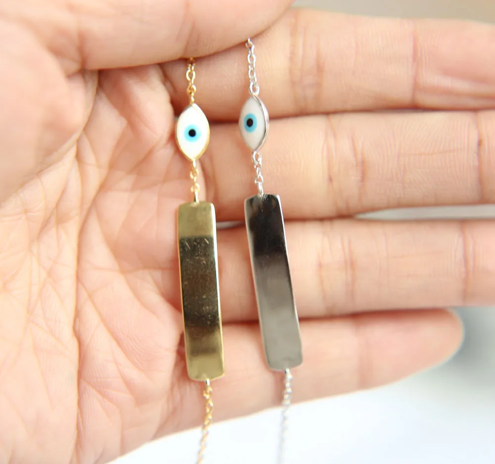 Стерлинговое Серебро 925 пробы, классический простой дизайн, белая эмаль, сглаза, бар, автономно Выгравированный, с именем cusom, Женский уникальный браслет