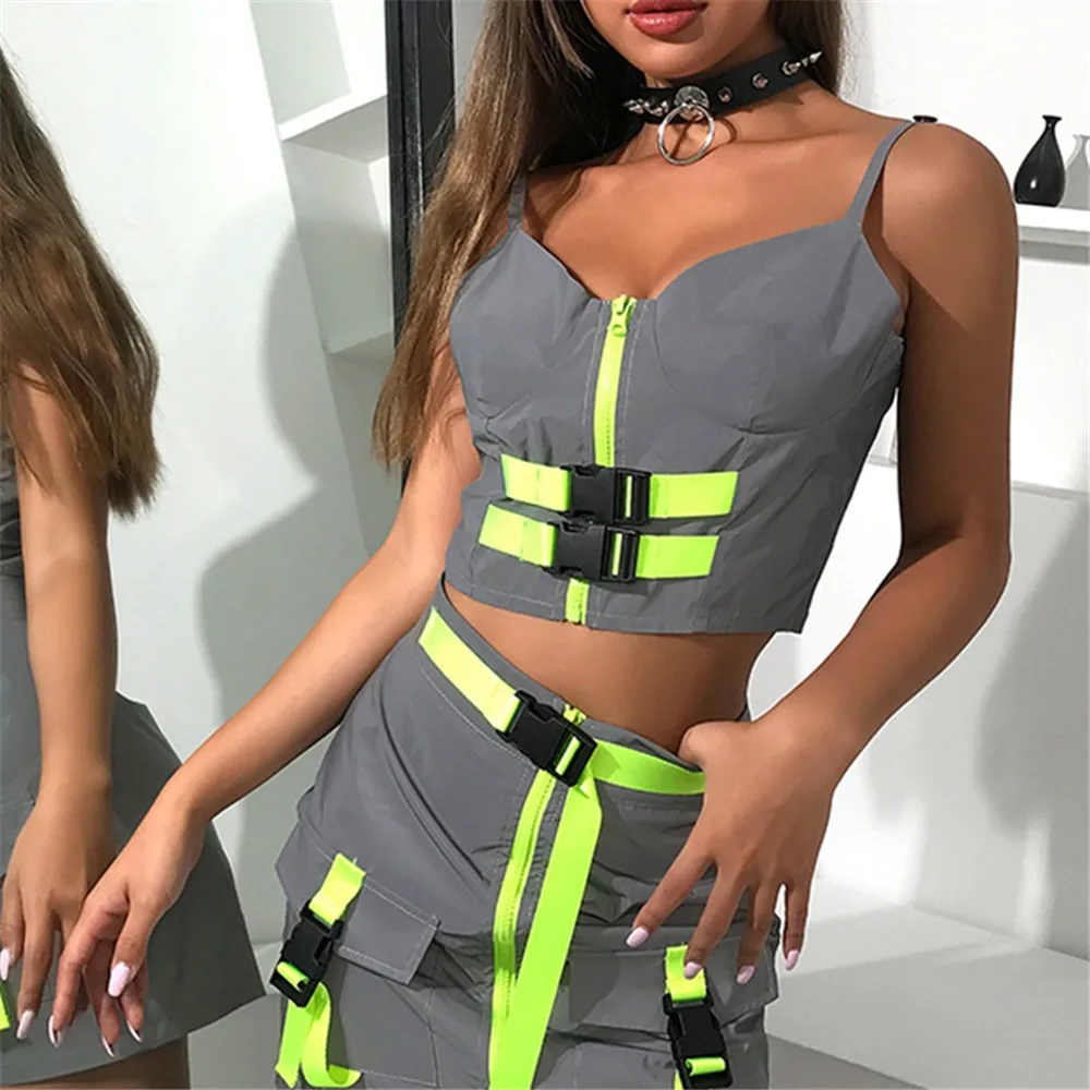 

Bright Reflective Summer Women Skirt Crop Top Tee Zipped Pocket High Waist Mini Casual Party Beach Sports Skirt Women Tank Skirt
