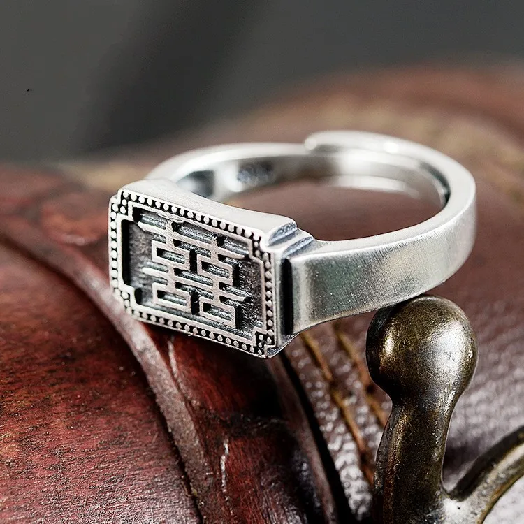 

S925 sterling silver ring open square double happiness index finger ring silver ring free shipping