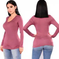Для женщин круглый футболка с длинными рукавами Топы пуловеры основные футболка новые женские летние однотонные обтягивающие топ с