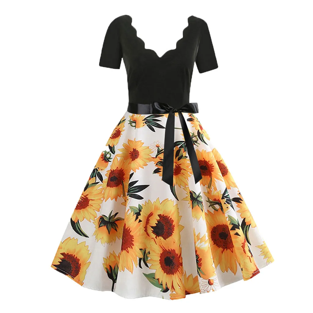 

Retro Sunflower Printed Dresses Harajuku Women Short Sleeve Sundresses Women Clothes 2019 New Fashion Print Vintage Flare Dress