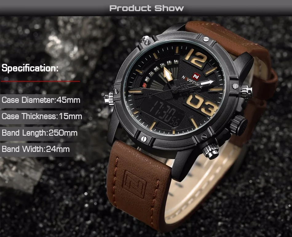 New NAVIFORCE Men Watch Dual Time Zone Alarm LCD Sport Watch Mens Quartz Wristwatch Waterproof Dive Sports Digital Watches