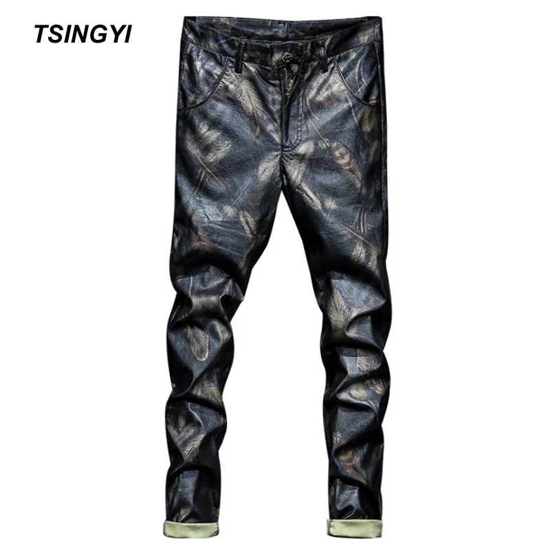 Tsingyi Fleece Black Feather Faux Leather Pants Men Skinny Biker Motorcycle Pant PU Leather Straight Men Pants Casual Trousers