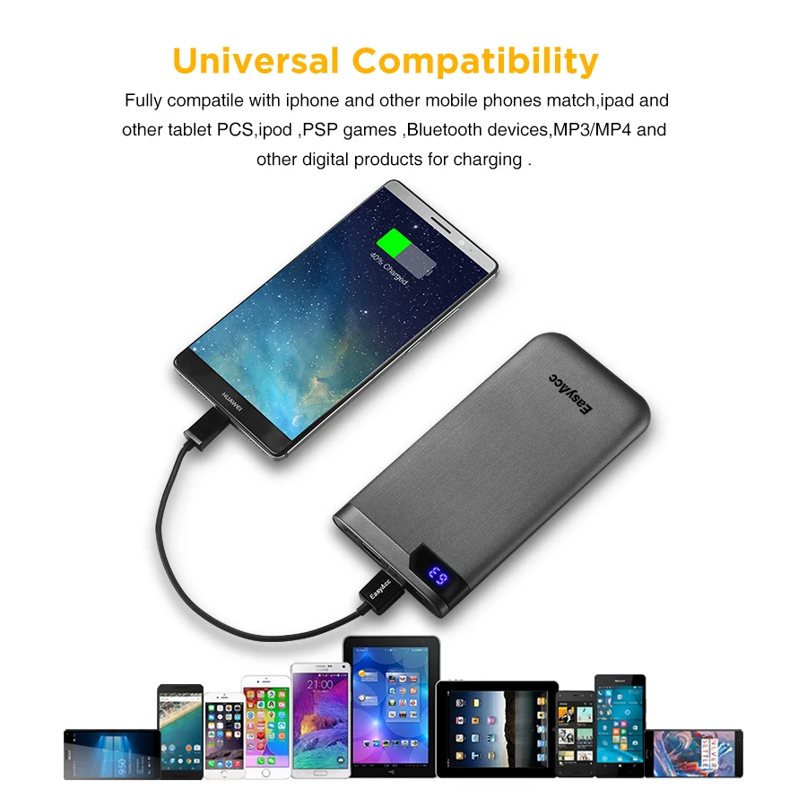 Easyacc 5V/2.1A 2 порта 10000mah ЖК дисплей внешний аккумулятор ультра тонкий портативный