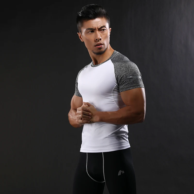Quick Dry Slim Fit Tees Men Patchwork T Shirts Compression Shirt Tops