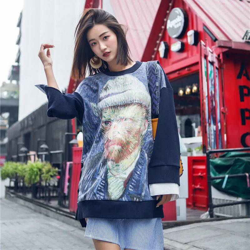 

TREND-Setter 2018 Spring Fashion Van Gogh Pattern Women Sweatshirt Long Sleeve Loose Pullovers Ladies