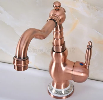 

Deck Mounted Kitchen Vessel Sink Sink / Bathroom Basin Antique Red Copper Single Handle Swivel Faucet Mixer Tap Wnf642