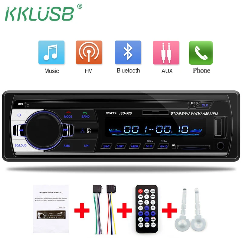 Автомагнитола jsd 520 12 в Bluetooth, автомобильный стерео In-dash 1 Din, FM, Aux вход, поддержка Mp3/MP4, USB, MMC, WMA, AUX IN, TF, автопроигрыватель