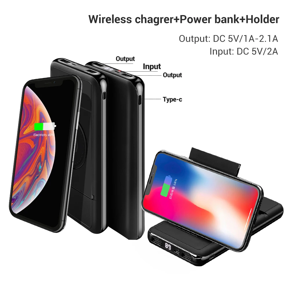 

QI Wireless Charger 10000mAh Power Bank with stand Quick Charge type C External Battery Pack wireless powerbank