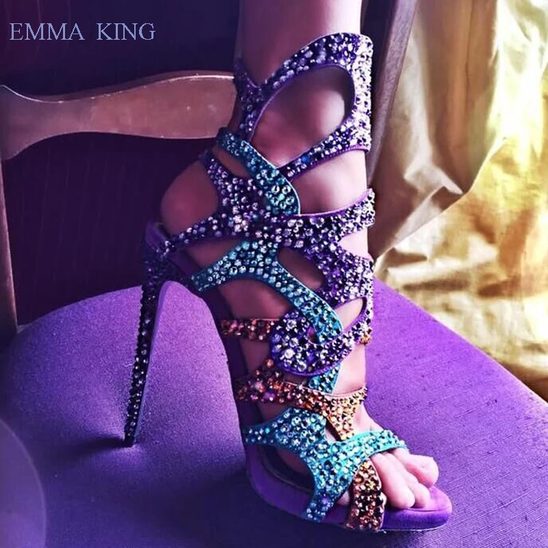 Роскошные блестящие сандалии с кристаллами; женские модные туфли на высоком каблуке-шпильке; женская обувь для вечеринок; летние женские ботильоны с открытым носком