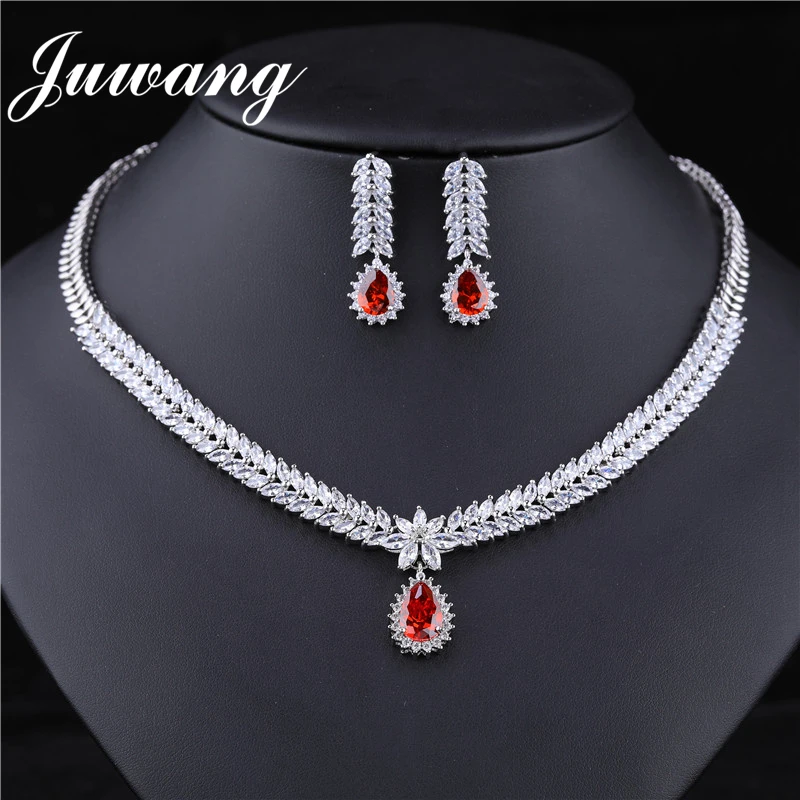 JUWANG, красные роскошные женские свадебные ожерелья, серьги, кольцо ювелирные изделия для невесты, набор, серебристый цвет ААА, циркон, кристалл, Подарок на годовщину - Metal color: style 1