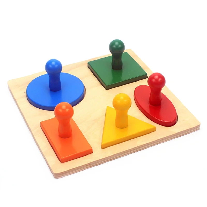 Auxiliares de Ensino Tipos de Formas Alta Qualidade Montessori Materiais Brinquedos Geometria Forma Solide Madeira Cinco Geométricas Placa Matemática
