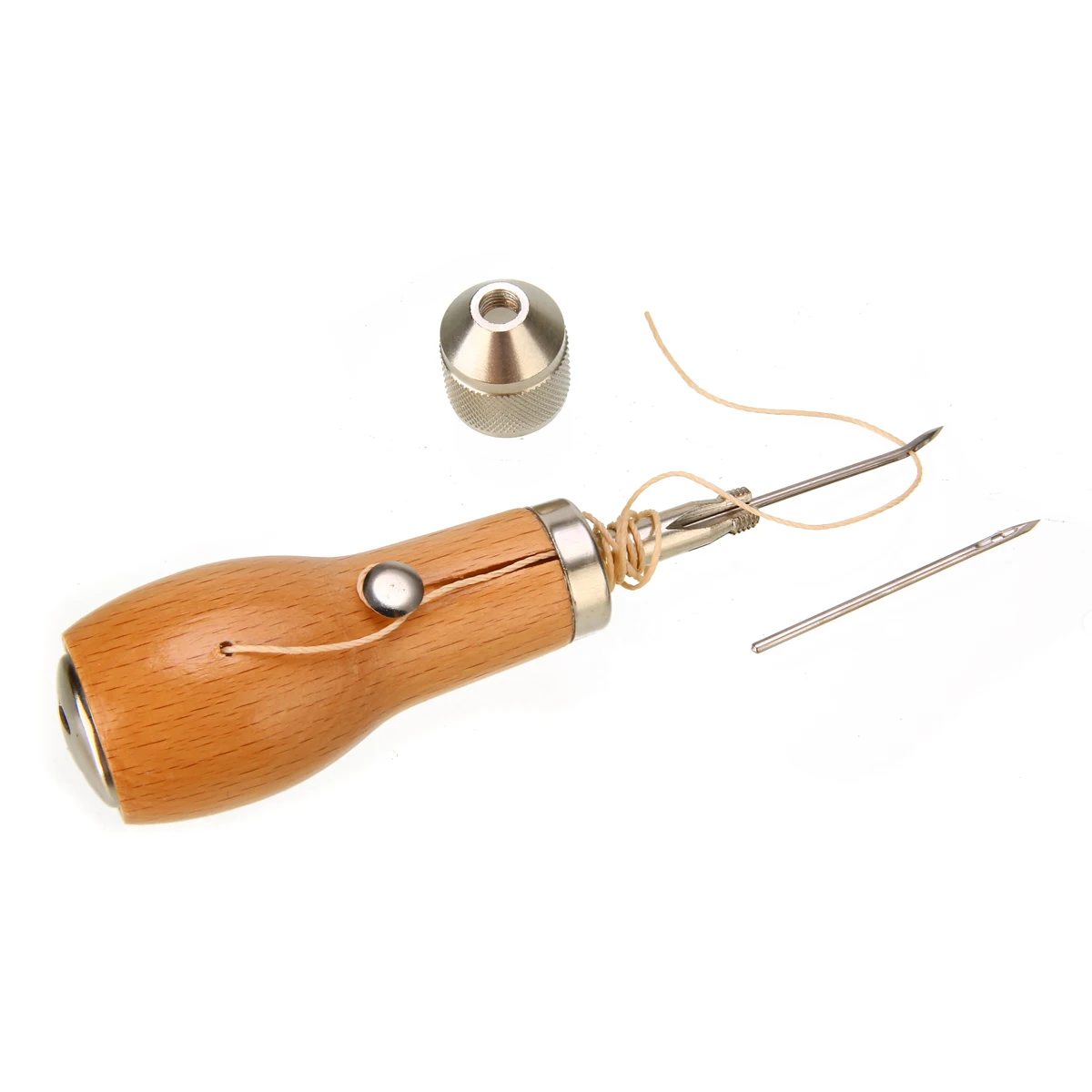 1pc New Speedy Sewing Awll Wooden Handle Leather Craft Tool With Waxed Thread And Needles