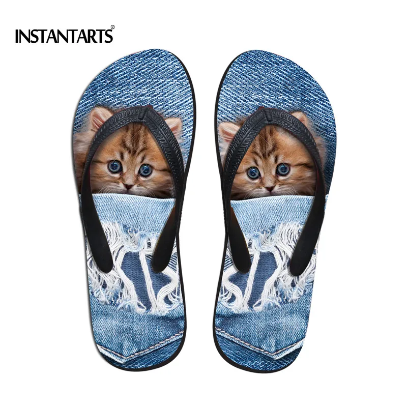 Instantarts Cute Animal Cat Flip Flops For Women Summer Beach Female