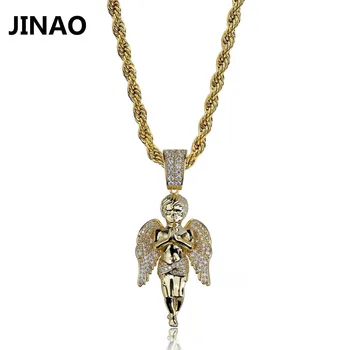 

JINAO Hip Hop Micro Paved Zircon Angel Jesus Wing Copper Gold Silver Color Plated Iced Out Full Cz Pendant Necklaces Gift
