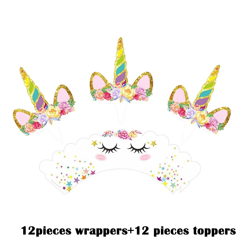 Party Единорог партия набор шар посуда тарелка салфетки баннер коробка для поздравительных открыток детский душ вечерние принадлежности для декора - Цвет: Cupcake Cake Wrapper