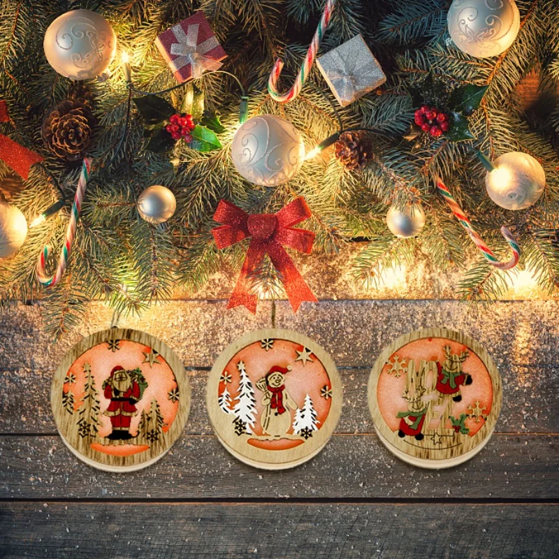 Round Santa Claus Ornaments Christmas LED Light Hanging Decor Tree Wood Luminous Decoration Kid Gifts|Кулоны и подвески| |
